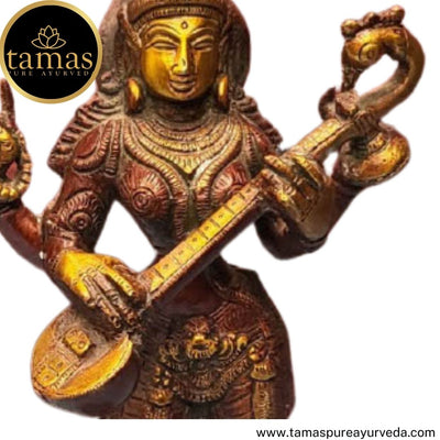 Tamas Brass Handcrafted Standing Statue of Goddess Saraswati Statue / Idol with Antique Finish (4 x 4 x 11 Inches, Golden & Brown) (Pack of 1)
