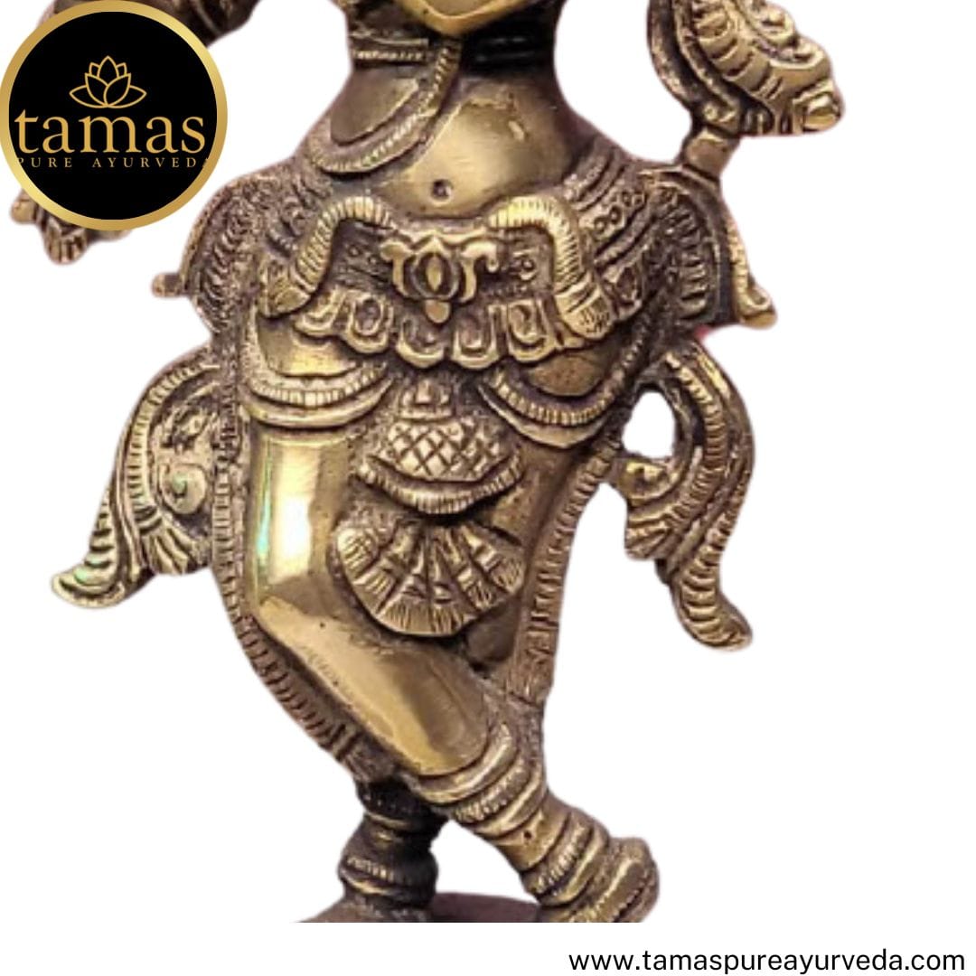 Brass Handcrafted Flute Playing Krishna with Peacock  Statue  Idol