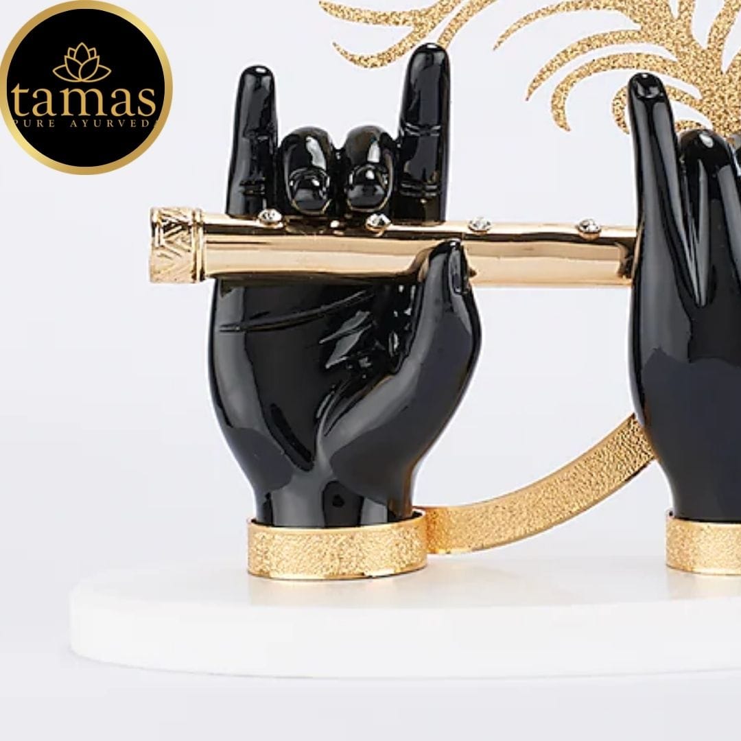Gold Plated Flute With Krishna's Peacock Feather