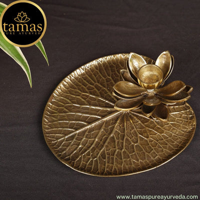 Tamas Brass Handcrafted Lotus Diya Leaf Plate with Antique Finish (6.5 x 7 x 3 Inches, Golden) (Pack of 1)