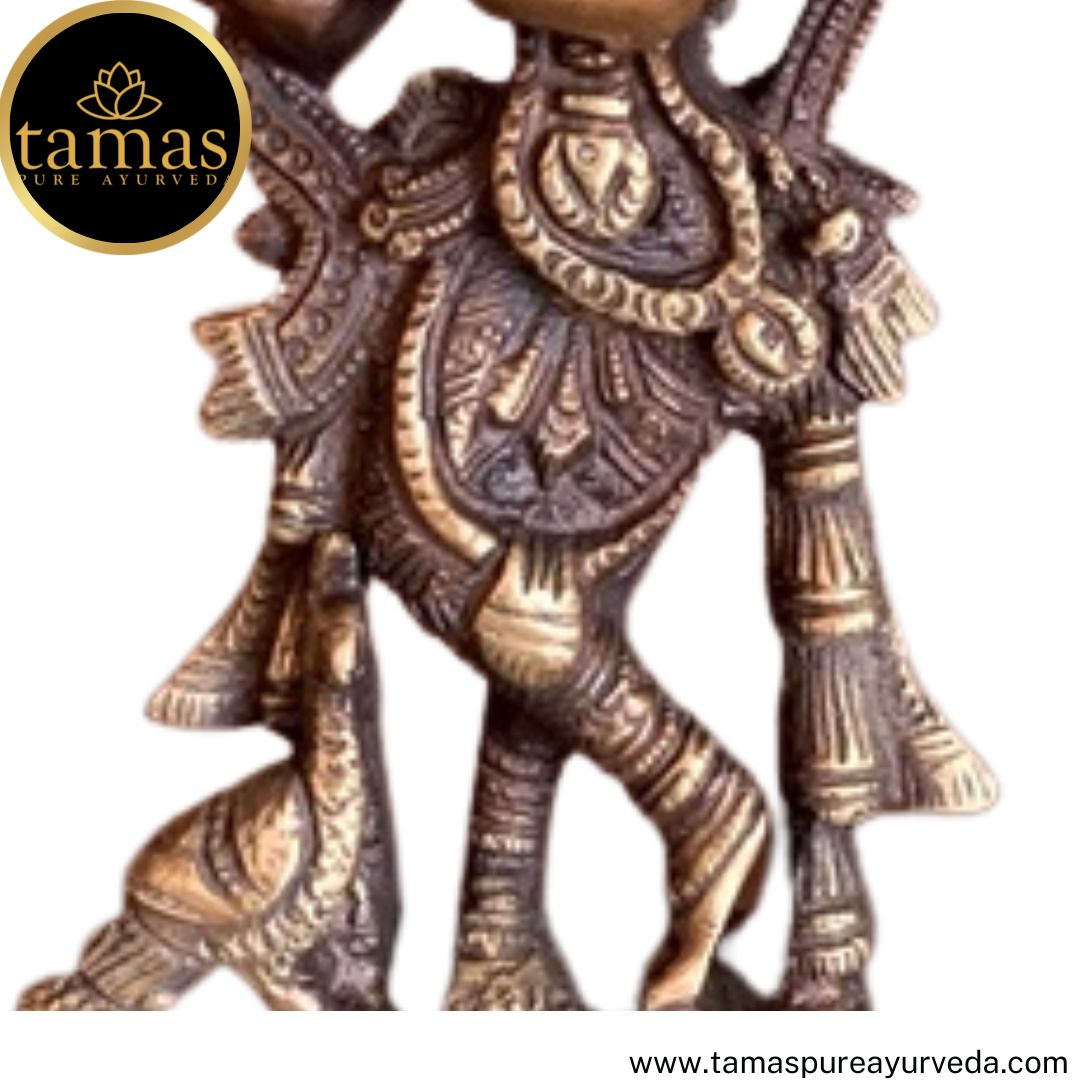 Tamas Brass Handcrafted Flute Playing Krishna with peacock  Statue / Idol with Antique Finish (2 x 2 x 6.5 Inches, Golden & Brown) (Pack of 1)