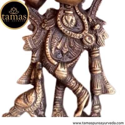 Tamas Brass Handcrafted Flute Playing Krishna with peacock  Statue / Idol with Antique Finish (2 x 2 x 6.5 Inches, Golden & Brown) (Pack of 1)