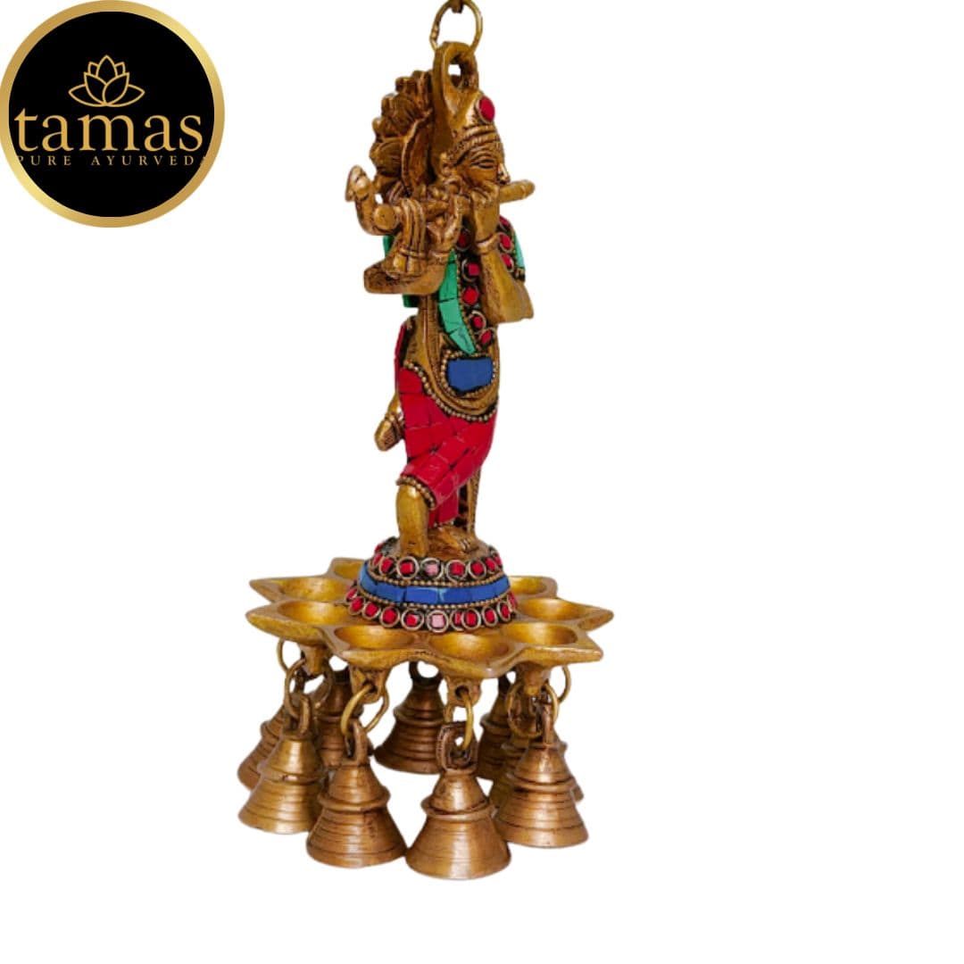 Brass Krishna Wall Hanging Diya Oil Lamp With Bells