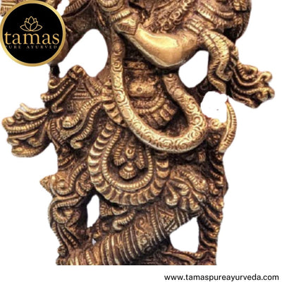 Tamas Brass Handcrafted Lord Krishna Murti Playing Flute Statue / Idol with Antique Finish (3 x 2 x 9.5 Inches, Golden) (Pack of 1) Free Premium Gift Box