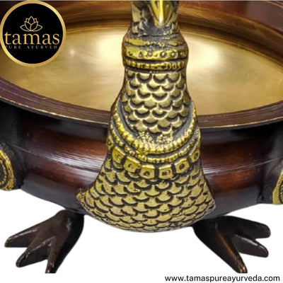 Tamas Brass Handcrafted Ethnic Peacock Carving Design Urli Showpiece (8 x 8 x 8.5 Inches, Golden & Brown) (Pack of 1)