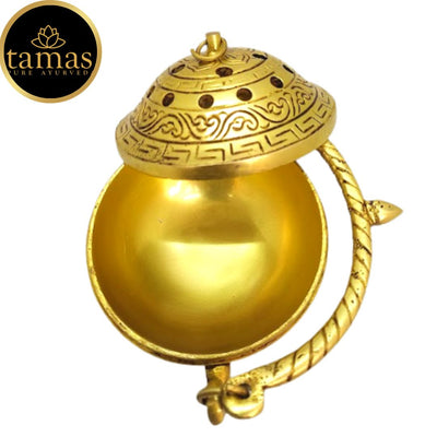 Tamas Brass Small Dhoop Burner with Handle and Lid  (Golden) Height 1.6 inches
