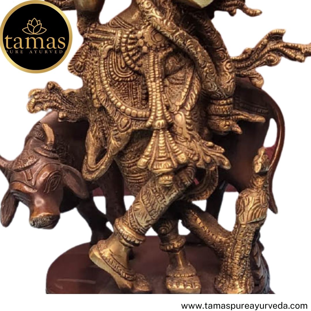 Brass krishna with peacock