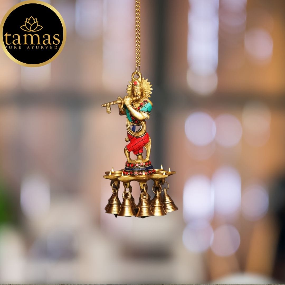 Brass Krishna Wall Hanging Diya Oil Lamp With Bells