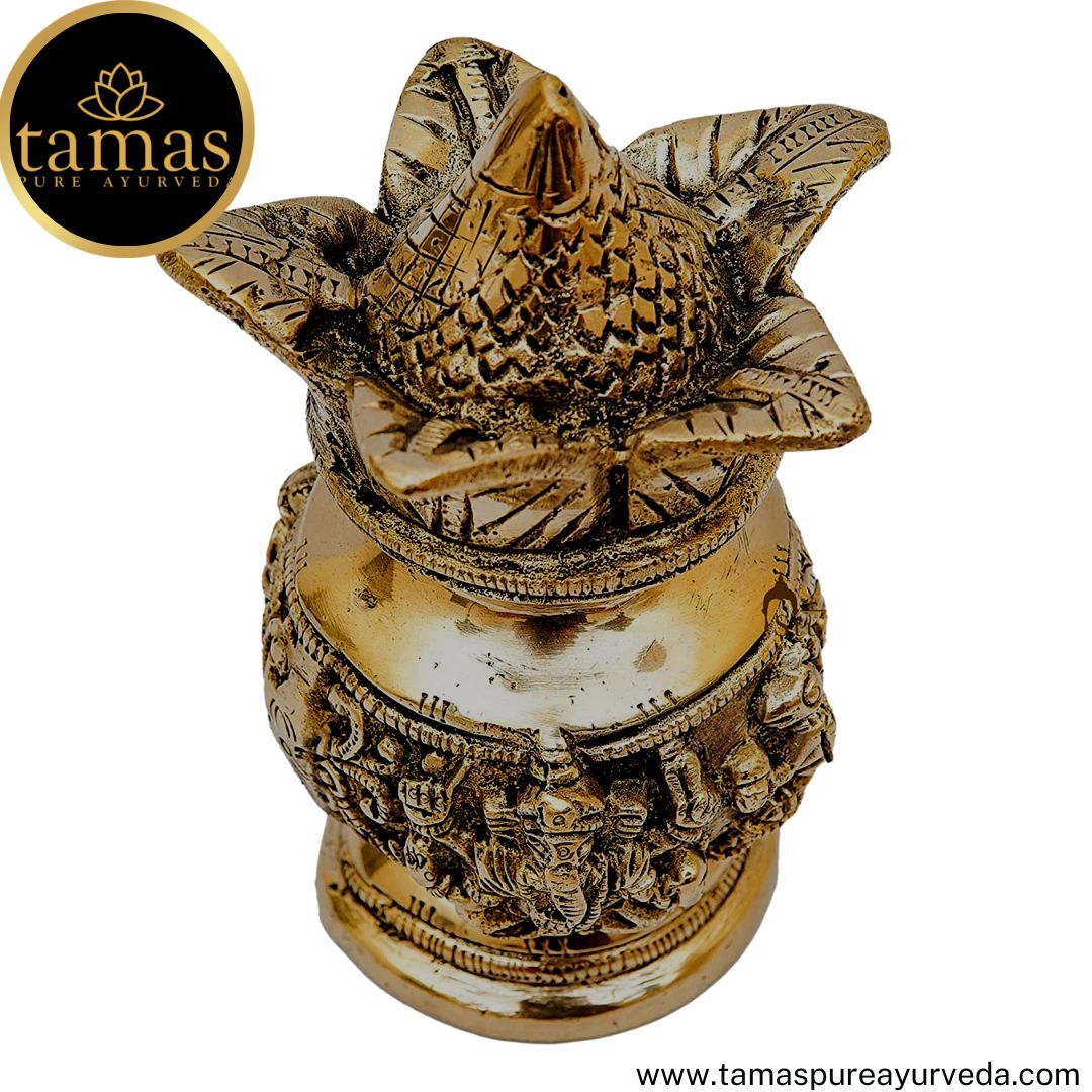 Tamas Brass Handcrafted Mangalam Kalash Nariyal & Leafs with Antique Finish (2.5 x 2.5 x 6 Inches, Golden) (Pack of 1)
