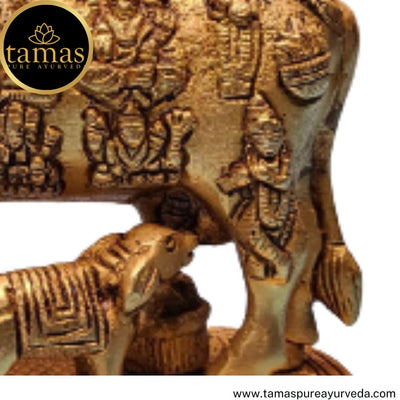 Tamas Brass Handcrafted Kamdhenu Cow and Calf Statue / Idol with Antique Finish (5 x 3.5 x 5 Inches, Golden) (Pack of 1)