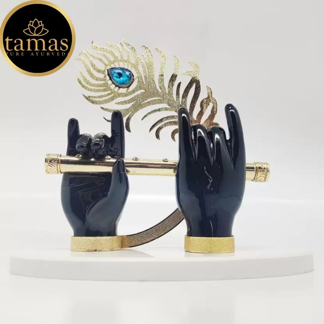 Gold Plated Flute With Krishna's Peacock Feather