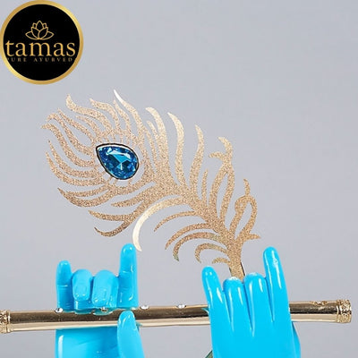 Tamas Gold Plated Divine Flute With Krishna's Peacock Feather ( Blue & gold) Pack of 1