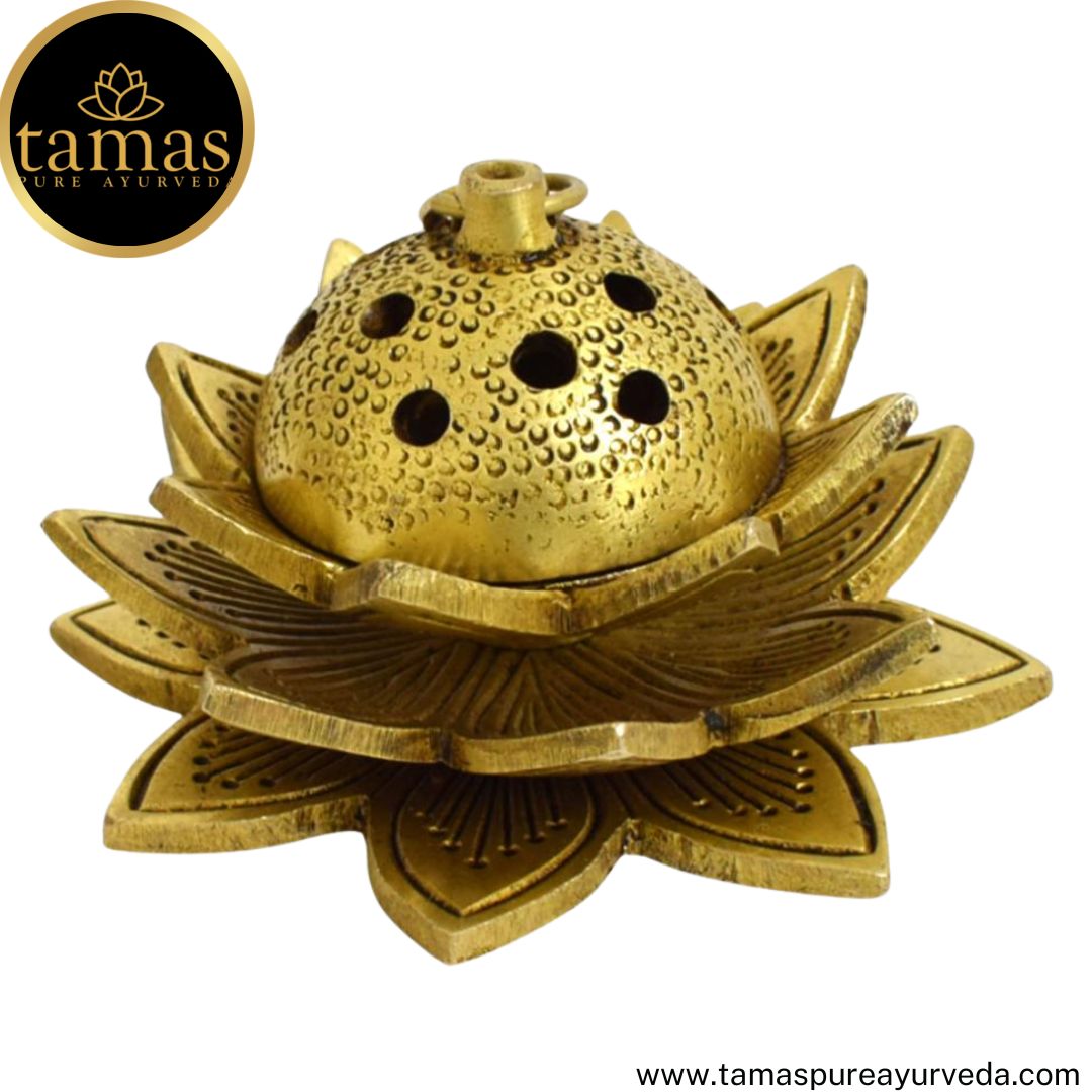 Tamas Brass Handcrafted Lotus Dhoop Stand with Antique Finish (4 x 4 x 2.5 Inches, Golden) (Pack of 1)