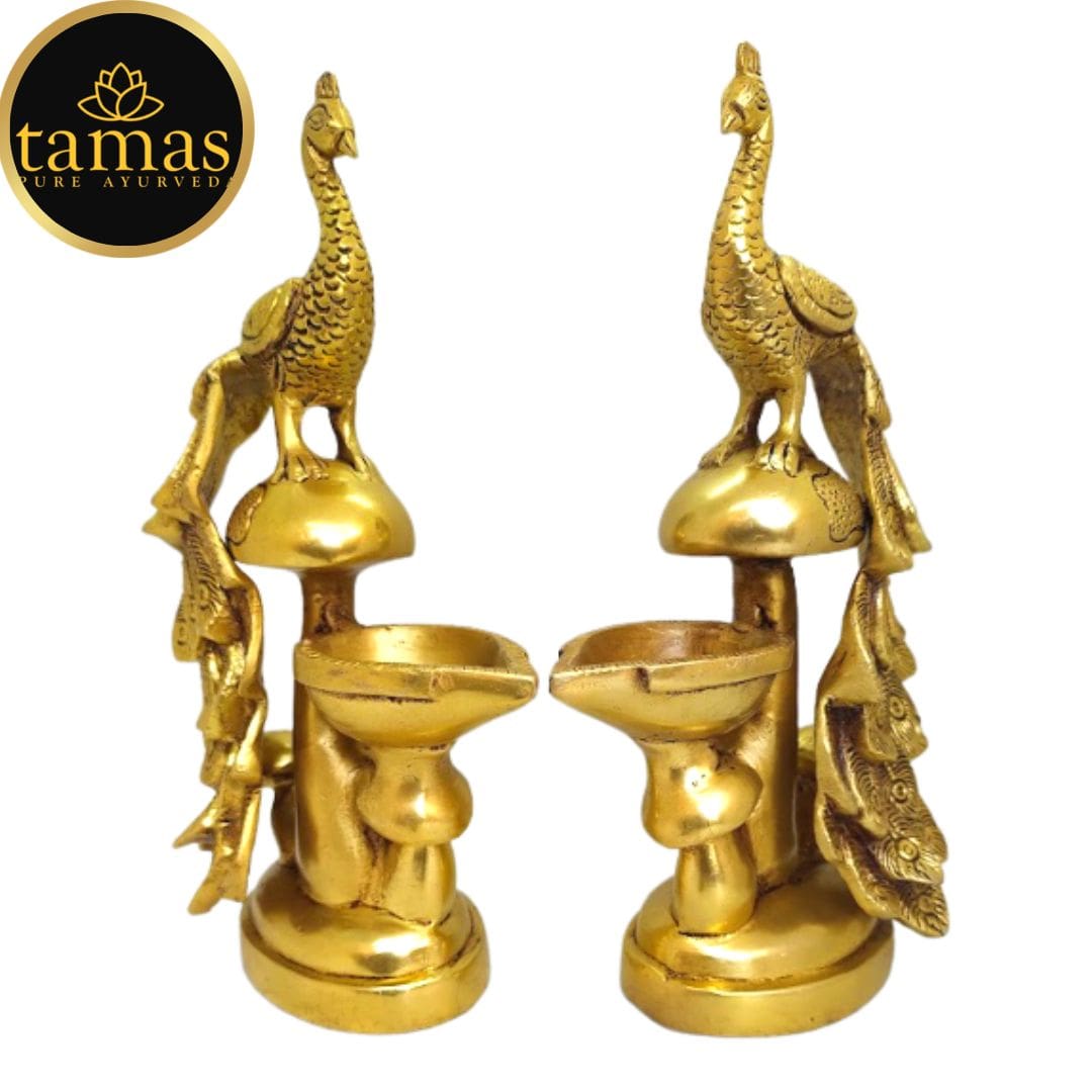 Tamas Brass Peacock Diya Stand Oil Lamp for Pooja Room Home Decor (Golden) Height 9 inches - Tamas: Luxury Indian Gifts