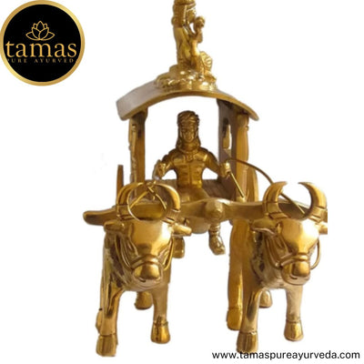 Tamas Brass Handcrafted Classic Room Decor Bullock cart with Krishna Statue / Idol with Antique Finish (7 x 4.5 x 7 Inches, Golden) (Pack of 1)
