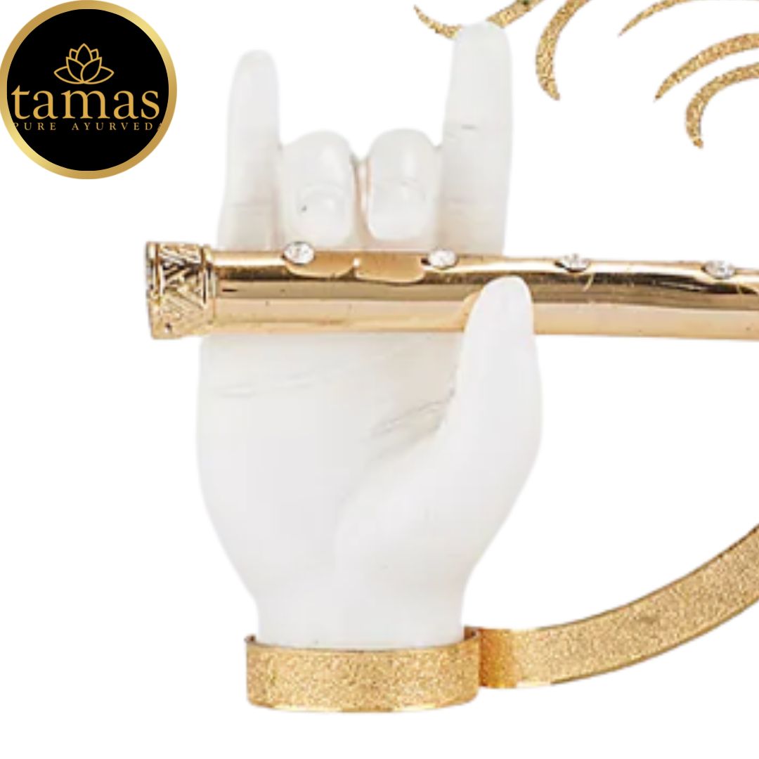 Gold Plated Flute With Krishna's Peacock Feather
