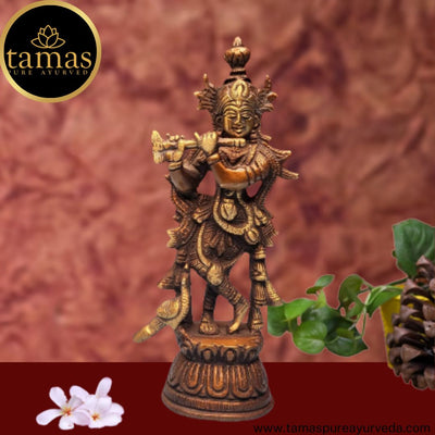 Tamas Brass Handcrafted Flute Playing Krishna with peacock  Statue / Idol with Antique Finish (2 x 2 x 6.5 Inches, Golden & Brown) (Pack of 1)