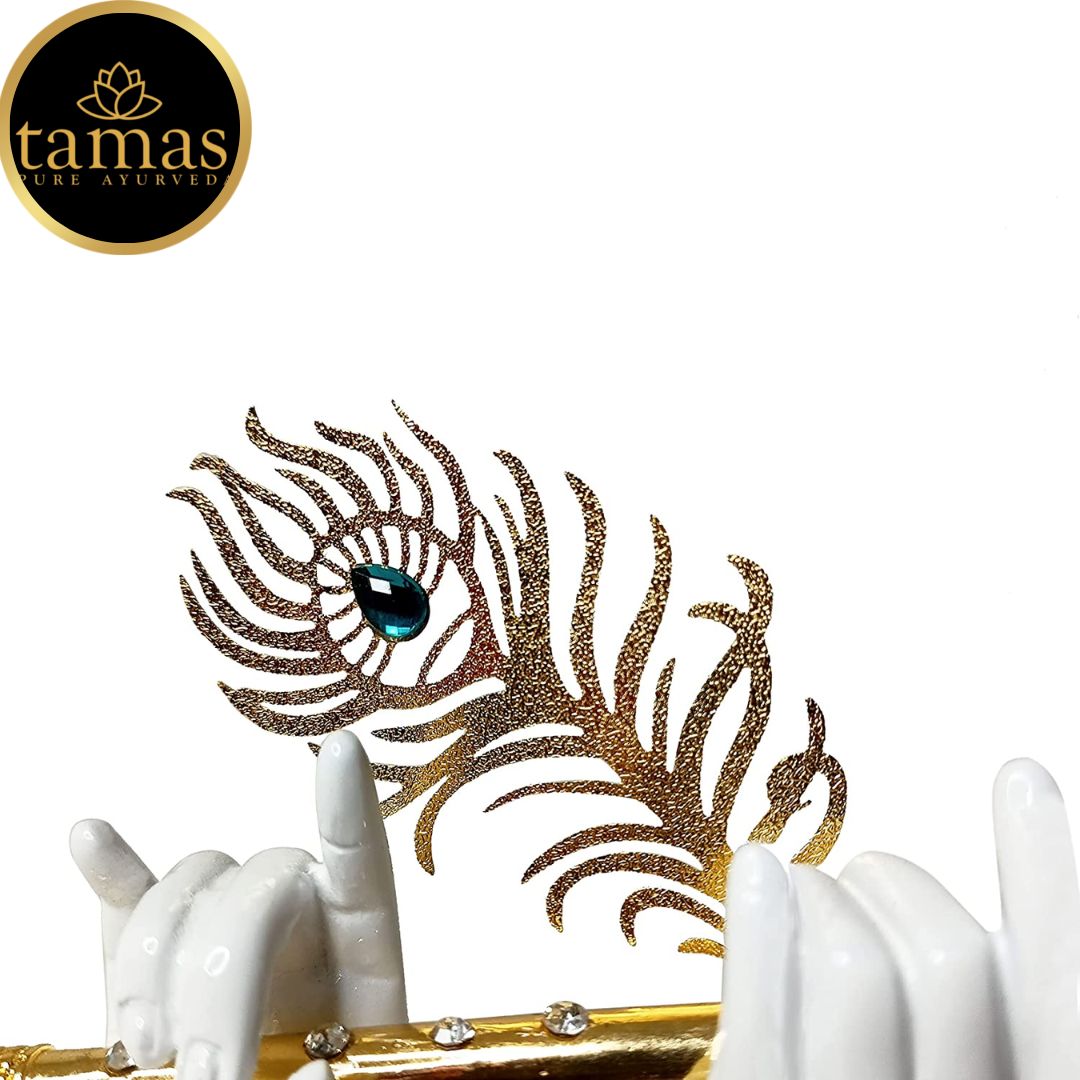 Gold Plated Flute With Krishna's Peacock Feather