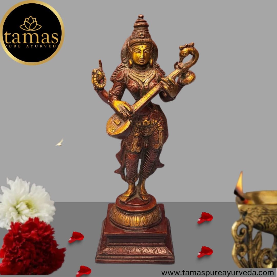 Tamas Brass Handcrafted Standing Statue of Goddess Saraswati Statue / Idol with Antique Finish (4 x 4 x 11 Inches, Golden & Brown) (Pack of 1) - Tamas: Luxury Indian Gifts