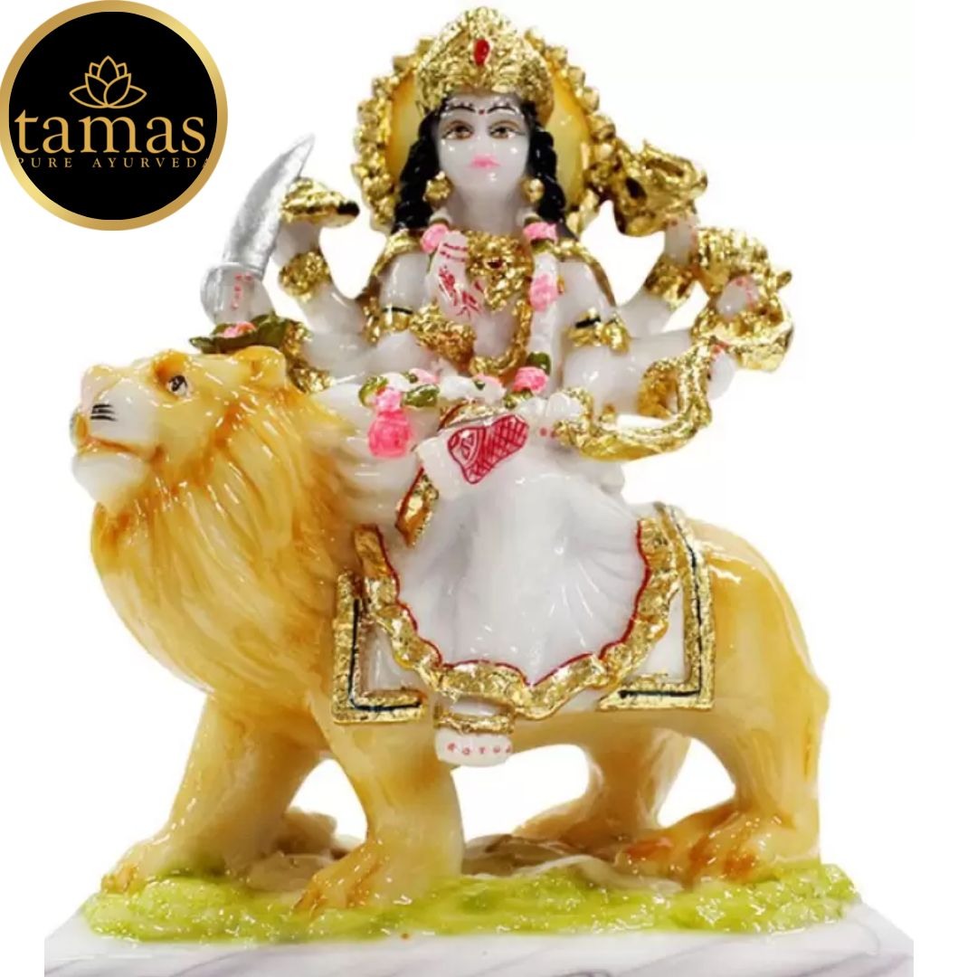 Tamas Marble Dust Gold Plated Mata Sherawali Statue (8 Inches, White and Gold)