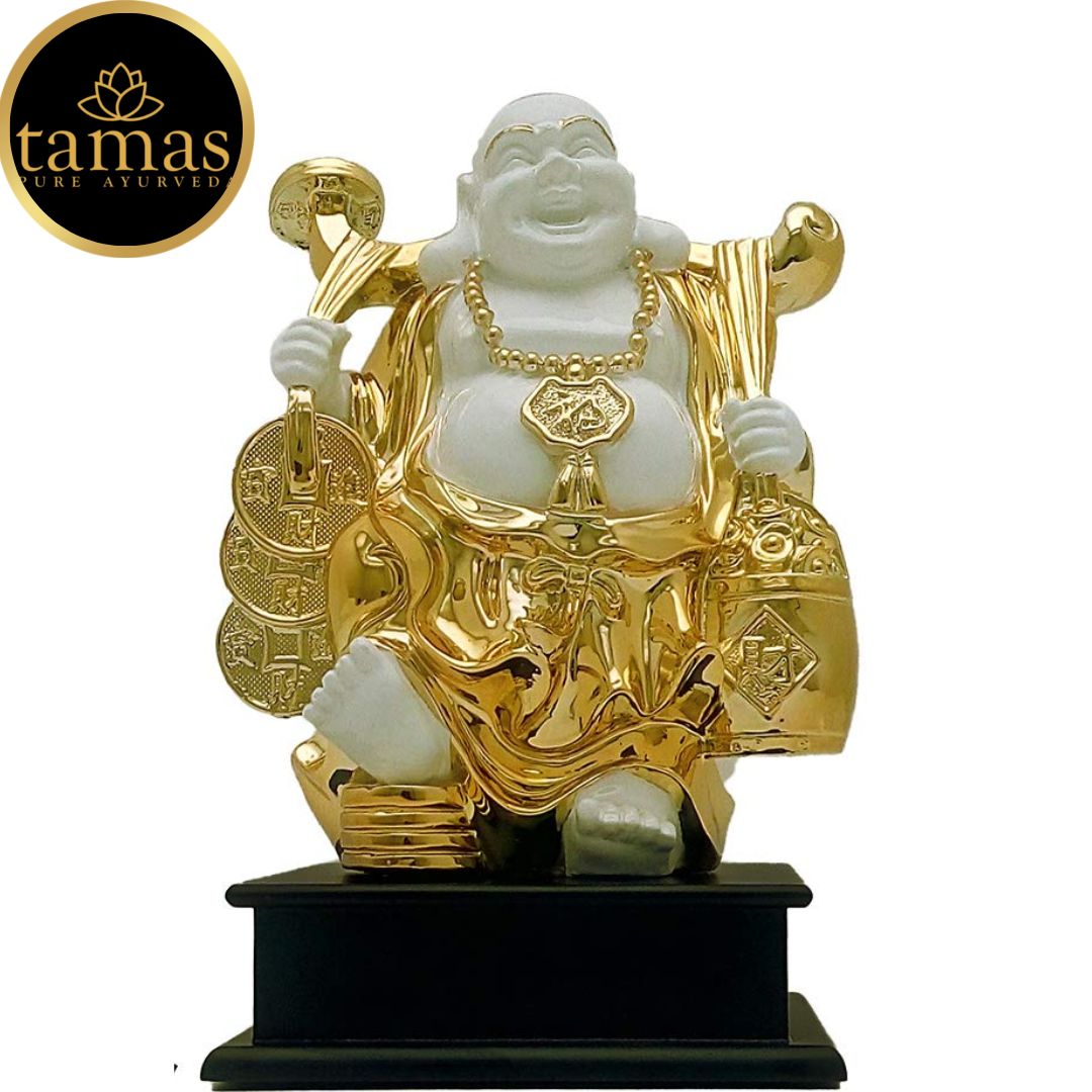 Tamas Poly Resin Gold Plated Fengshui God Laughing Buddha Statue (10 Inches, White and Gold)