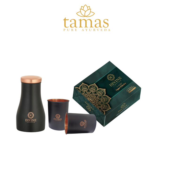 Tamas Black Copper Water Jar | 900ml with 2 Glasses in Divine Gift Box