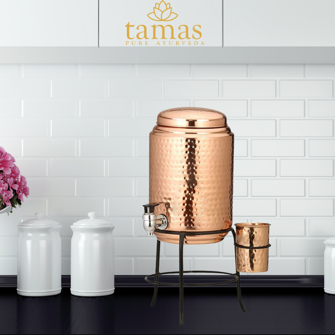 Tamas Hammered Copper Water Dispensr With Glass and Brass Tap | 4.5 Liter