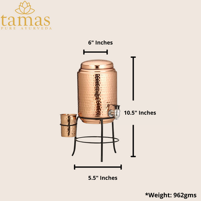 Tamas Hammered Copper Water Dispensr With Glass and Brass Tap | 4.5 Liter