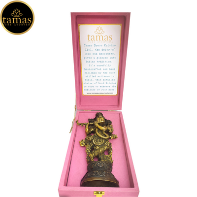 Tamas Brass Handcrafted Lord Krishna Murti Playing Flute Statue / Idol with Antique Finish (3 x 2 x 9.5 Inches, Golden) (Pack of 1) Free Premium Gift Box
