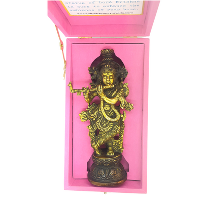 Tamas Brass Handcrafted Lord Krishna Murti Playing Flute Statue / Idol with Antique Finish (3 x 2 x 9.5 Inches, Golden) (Pack of 1) Free Premium Gift Box
