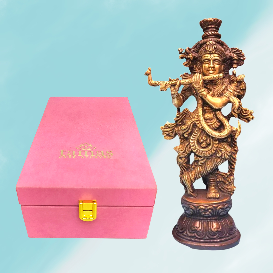Tamas Brass Handcrafted Lord Krishna Murti Playing Flute Statue / Idol with Antique Finish (3 x 2 x 9.5 Inches, Golden) (Pack of 1) Free Premium Gift Box